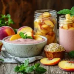 Peach breakfast recipes displayed on a table.