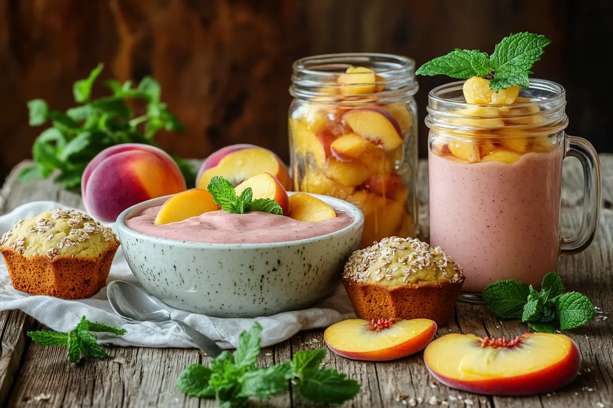 Peach breakfast recipes displayed on a table.