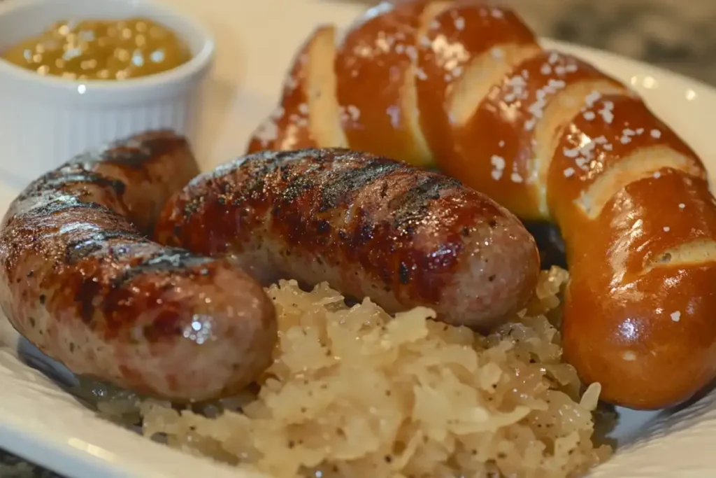 Grilled beef sausages served with sauerkraut, pretzel rolls, and mustard dip on a white plate.