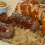 Grilled beef sausages served with sauerkraut, pretzel rolls, and mustard dip on a white plate.