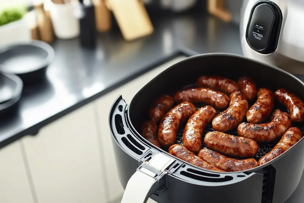 Air-fried beef sausages in a modern air fryer basket