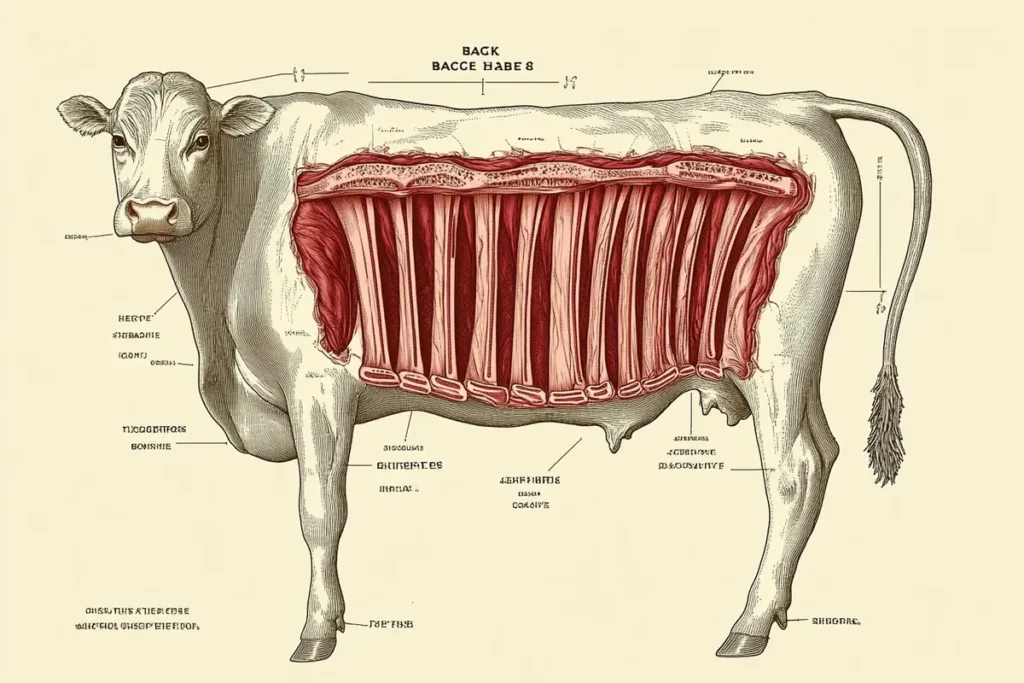 Anatomy of beef ribs showing different cuts.