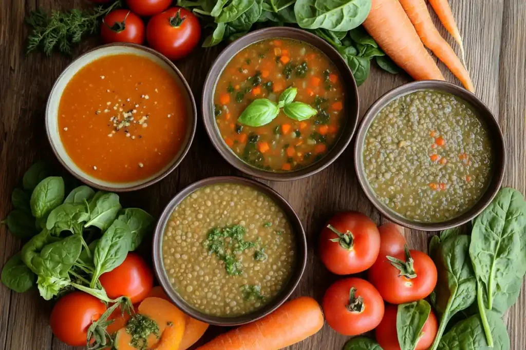 Vegetable-based gluten-free soups in bowls.