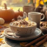 Cozy autumn breakfast with a steaming bowl of pumpkin oatmeal, surrounded by pumpkins, muffins, cookies, and cinnamon sticks on a rustic wooden table.