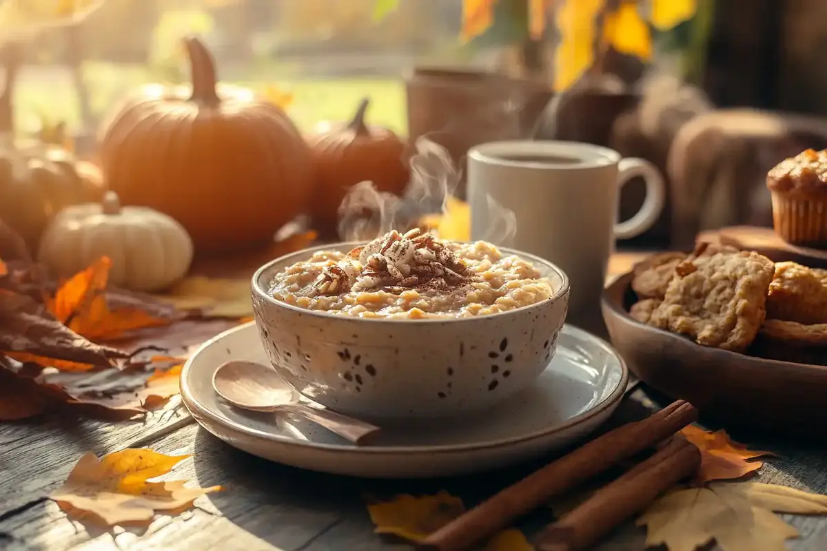 Cozy autumn breakfast with a steaming bowl of pumpkin oatmeal, surrounded by pumpkins, muffins, cookies, and cinnamon sticks on a rustic wooden table.