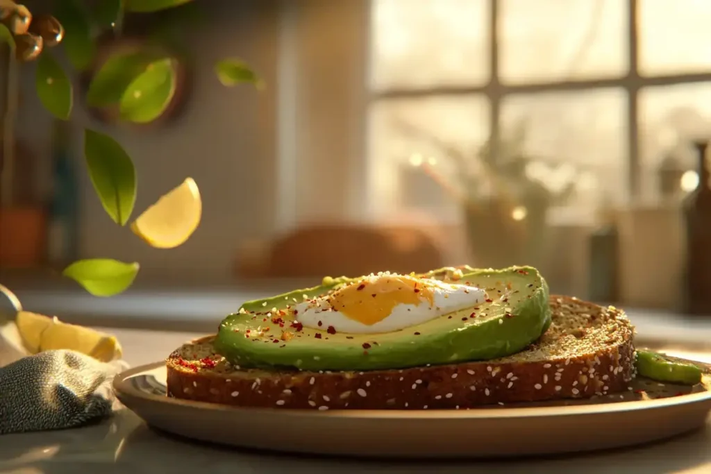 A slice of sourdough bread topped with avocado slices, a poached egg, chili flakes, and lemon wedges, set in a sunny kitchen setting.