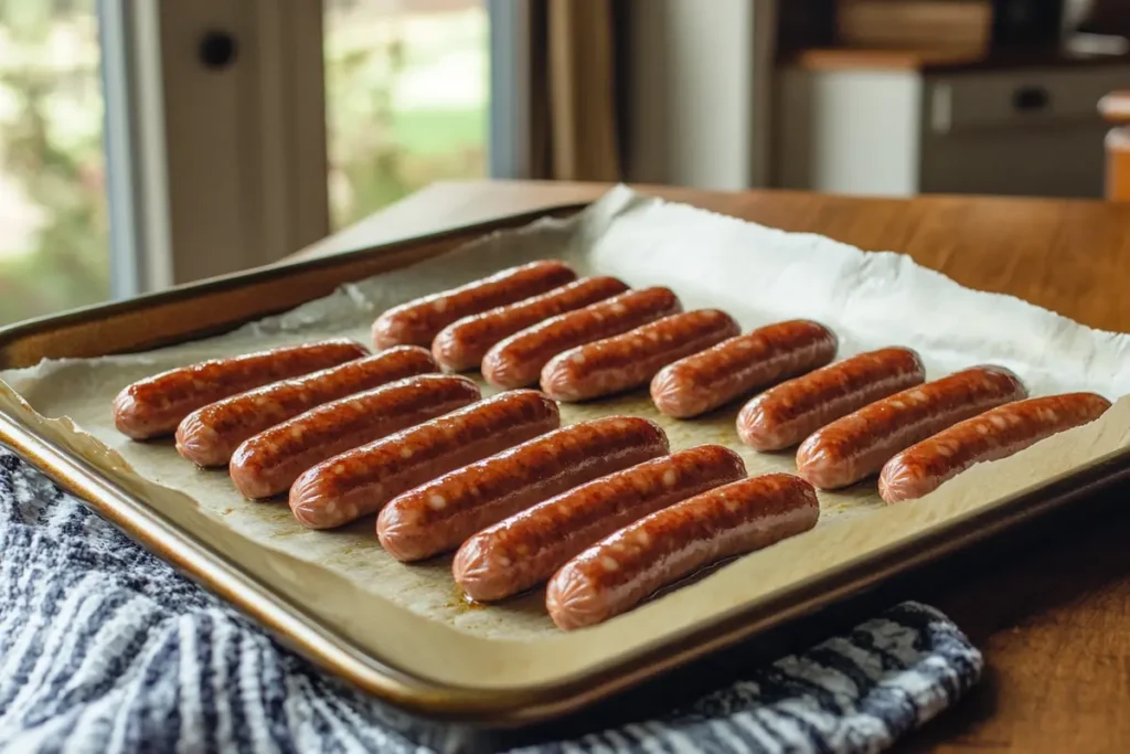 Baked beef sausages on a parchment-lined tray