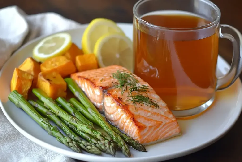 Baked salmon with asparagus and roasted sweet potatoes served on a white plate, garnished with lemon slices and fresh dill, accompanied by a glass of tea.