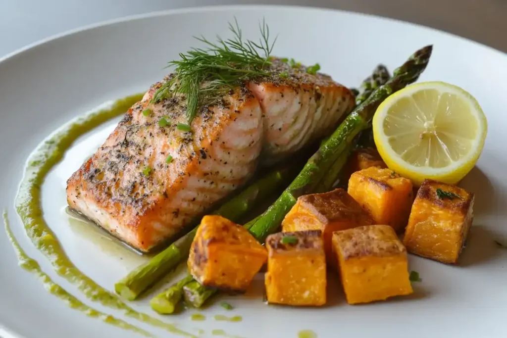 Baked salmon garnished with fresh dill, served with tender asparagus spears and roasted sweet potatoes, with a lemon slice on the side.