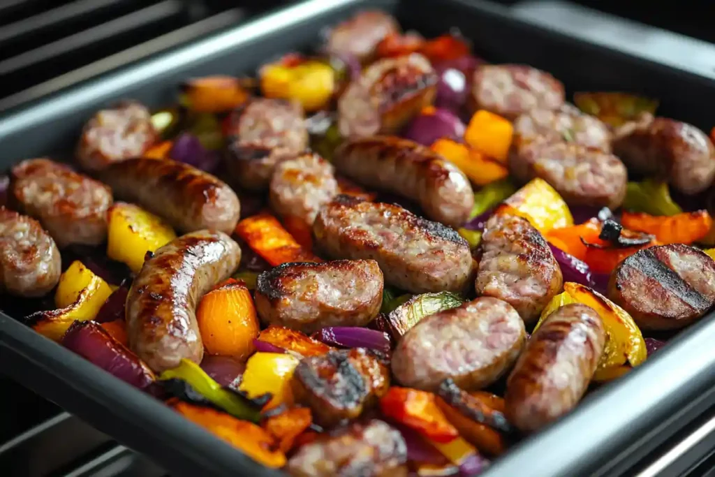 Oven-baked venison sausages with roasted vegetables.