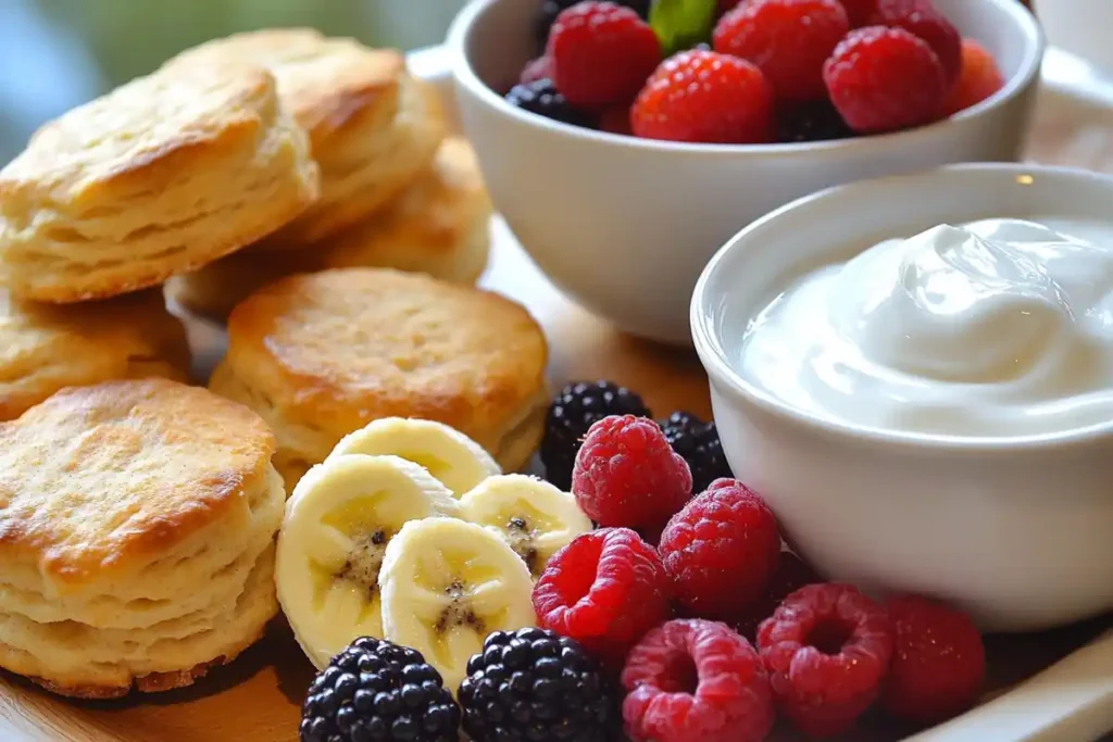 Biscuits paired with yogurt and fruits.