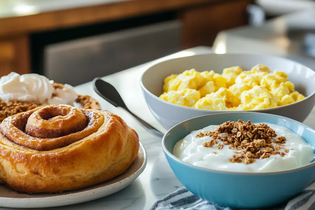 Cinnamon roll paired with eggs and yogurt for a balanced breakfast.