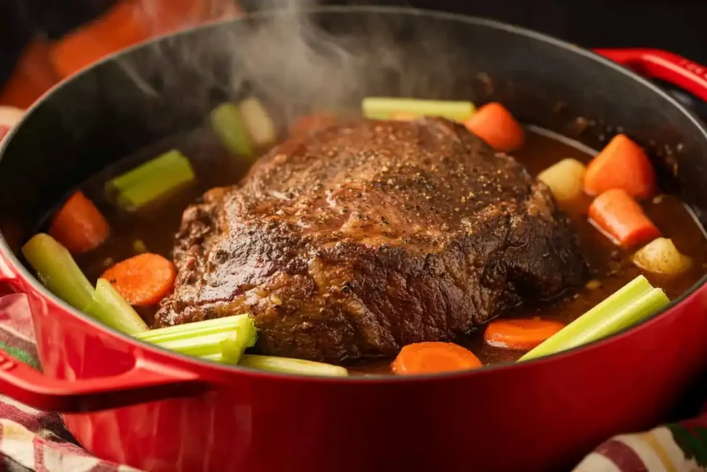 Beef arm roast cooking in a pot