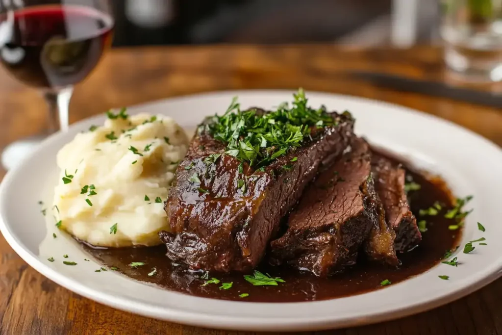 Tender slices of beef arm roast served with creamy mashed potatoes, topped with fresh parsley and rich gravy on a white plate.