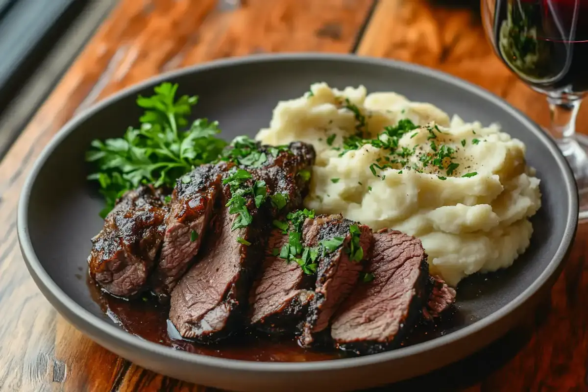 Sliced beef arm roast garnished with fresh parsley, served with creamy mashed potatoes on a dark plate, sitting on a rustic wooden table.