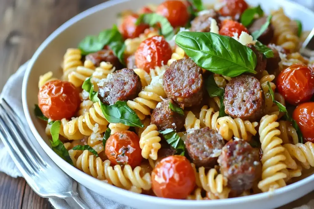 A bowl of fusilli pasta with grilled beef sausage slices, roasted cherry tomatoes, fresh basil leaves, and grated Parmesan cheese.