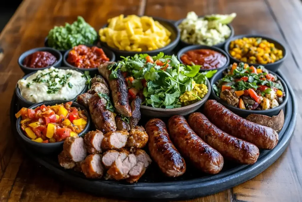 A platter of beef sausages with various colorful side dishes, including guacamole, salsa, roasted vegetables, mashed potatoes, and corn relish.