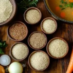 Best gluten-free grains for soup in a rustic kitchen setting.