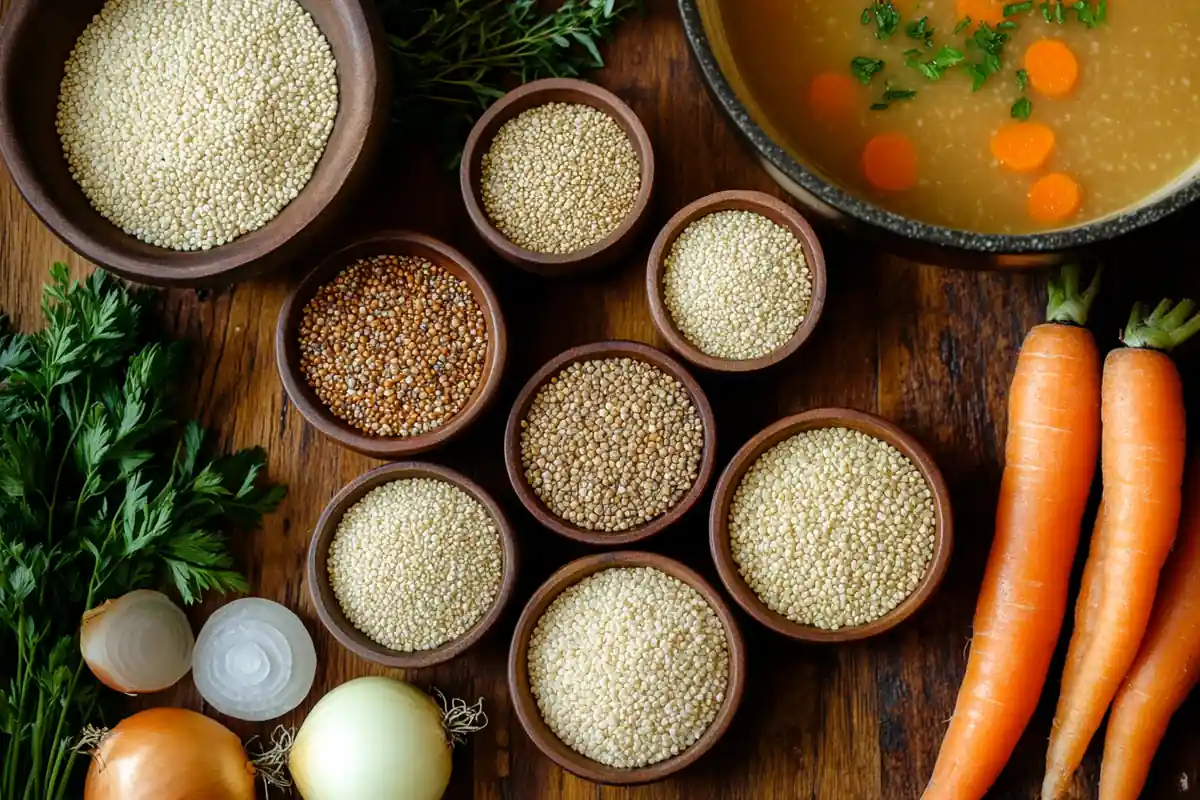 Best gluten-free grains for soup in a rustic kitchen setting.