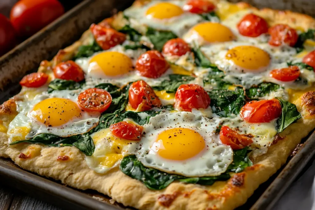 Biscuit breakfast pizza with eggs and toppings.