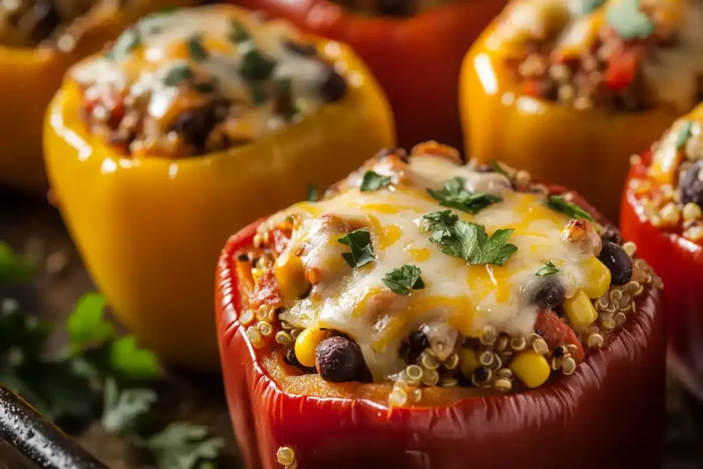 Brightly colored bell peppers stuffed with a protein-packed mix of black beans, quinoa, and corn, topped with melted cheese and fresh parsley.