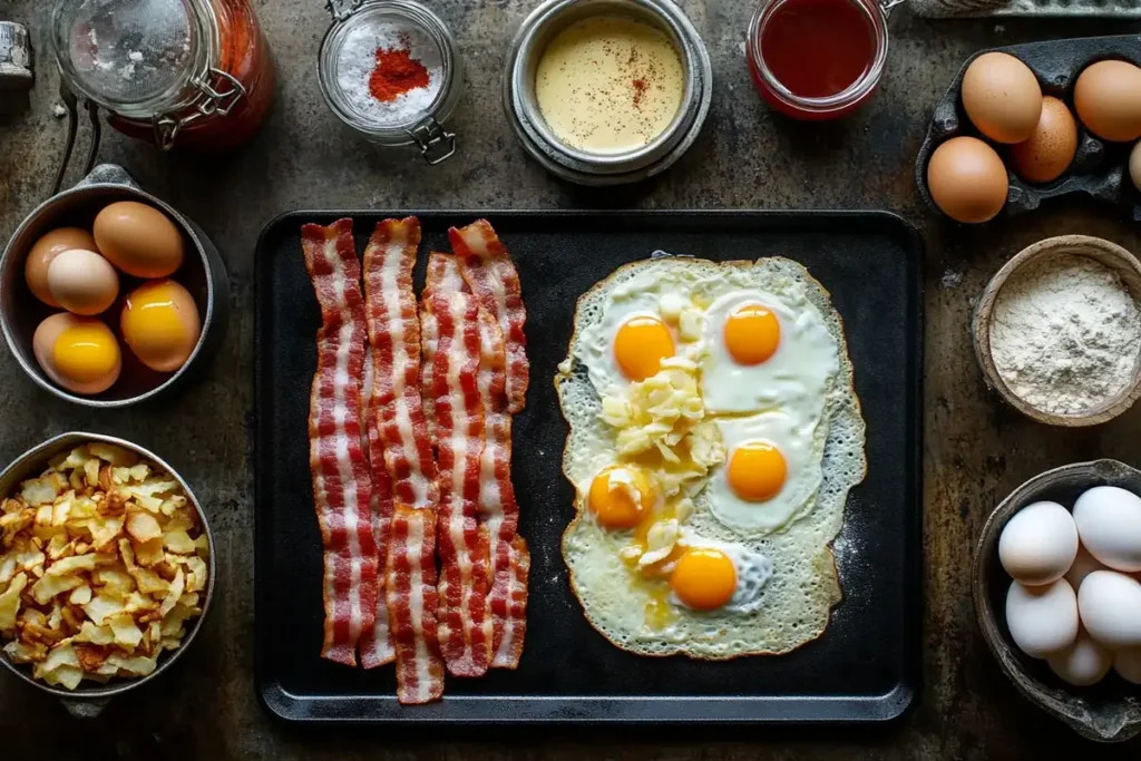 Ingredients for breakfast on a Blackstone griddle, including bacon, eggs, hash browns, and seasonings, organized for efficient cooking.