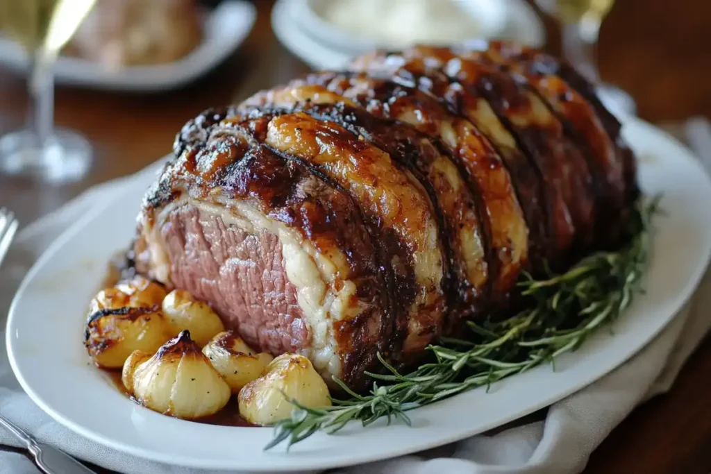 A tender, braised arm steak roast sliced to reveal its juicy interior, surrounded by glazed onions and fresh rosemary on a serving platter.