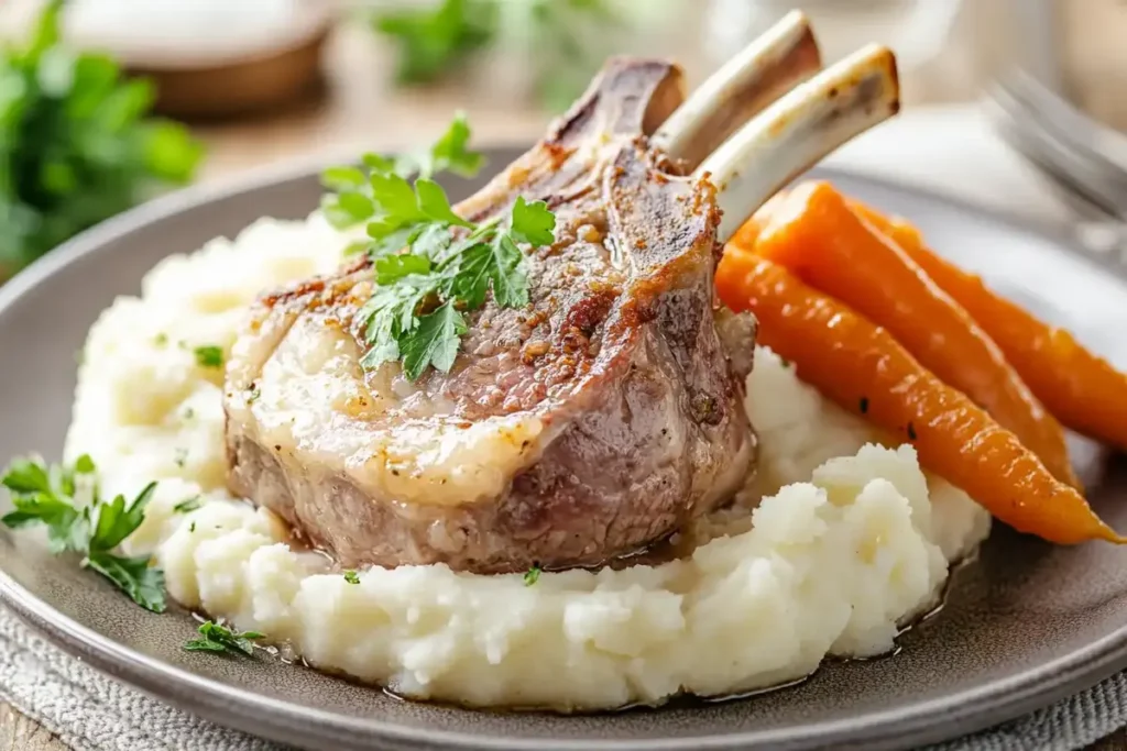 A cooked lamb shoulder chop plated with creamy mashed potatoes and glazed carrots, garnished with fresh parsley.