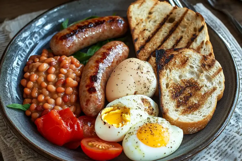 British breakfast with sausages, eggs, and baked beans