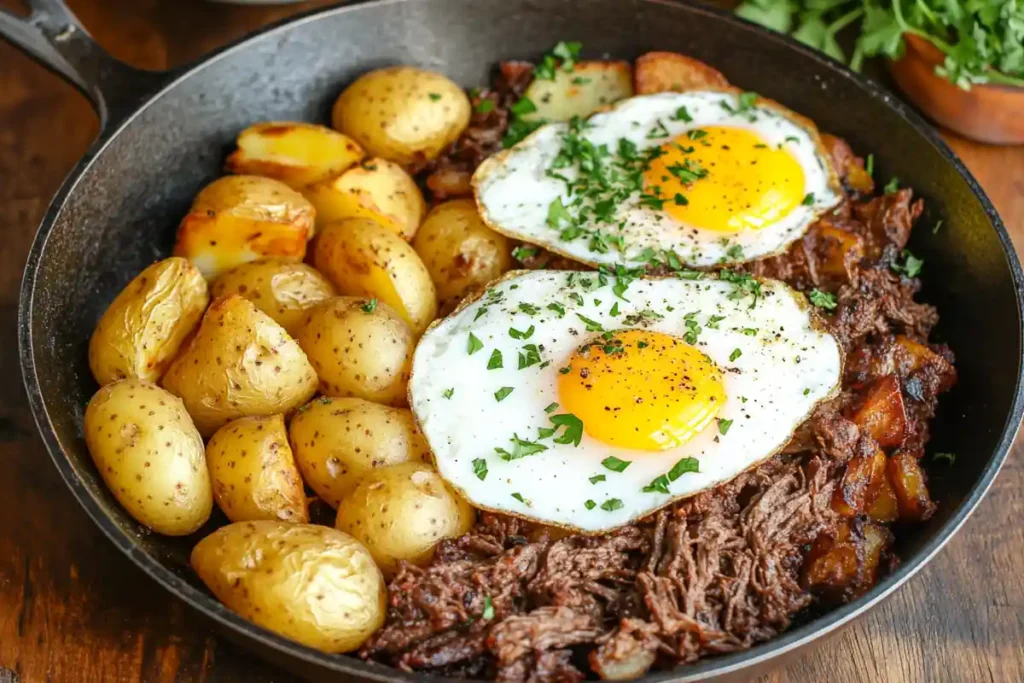 Canned beef hash served in a skillet with eggs.