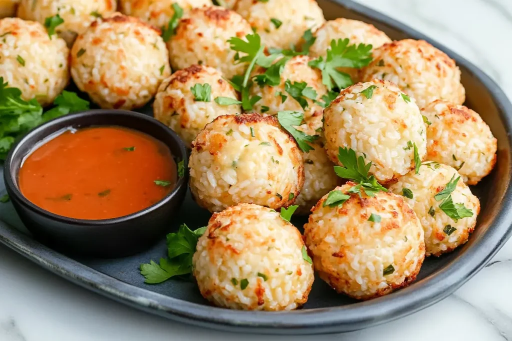 Cheese-stuffed rice balls with dipping sauce