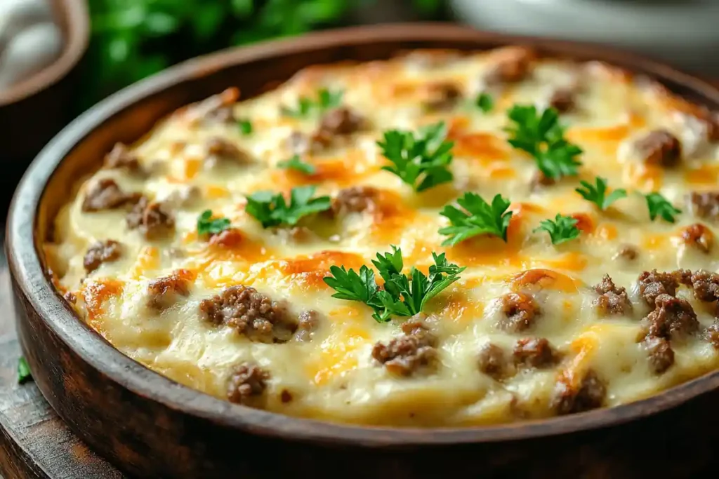 Minced beef breakfast casserole with melted cheese.