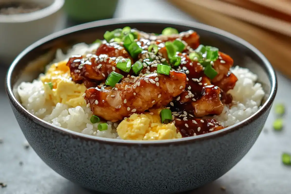 A bowl of oyakodon featuring tender chicken in a savory glaze, scrambled eggs, steamed white rice, garnished with sesame seeds and chopped green onions.