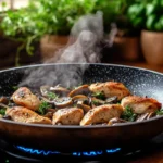 Cooking chicken and mushrooms together in a pan