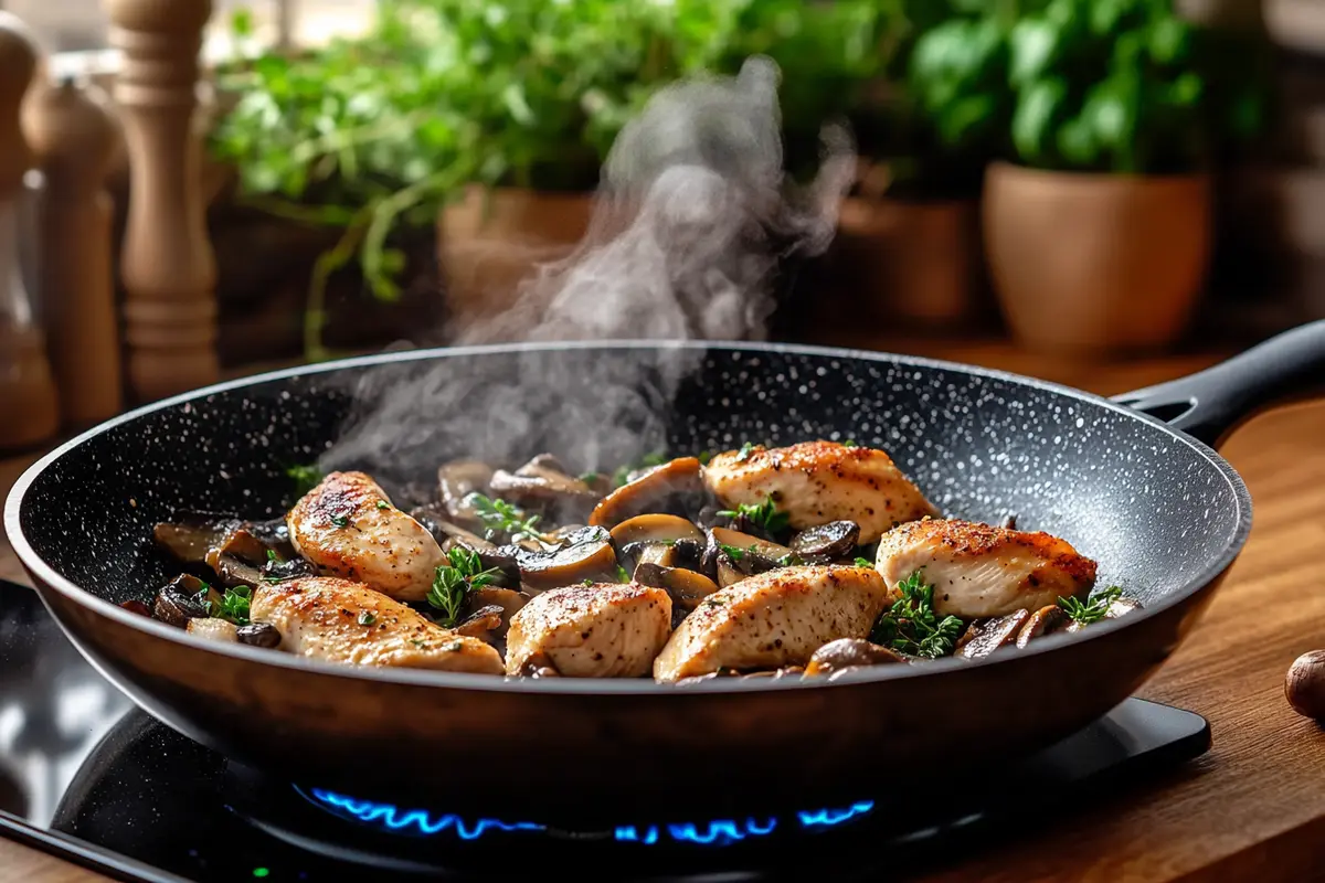 Cooking chicken and mushrooms together in a pan