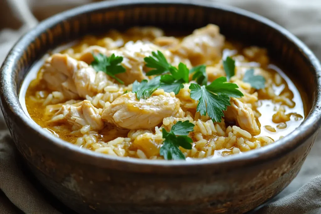 Chicken and rice cooked in rich broth with garnish.