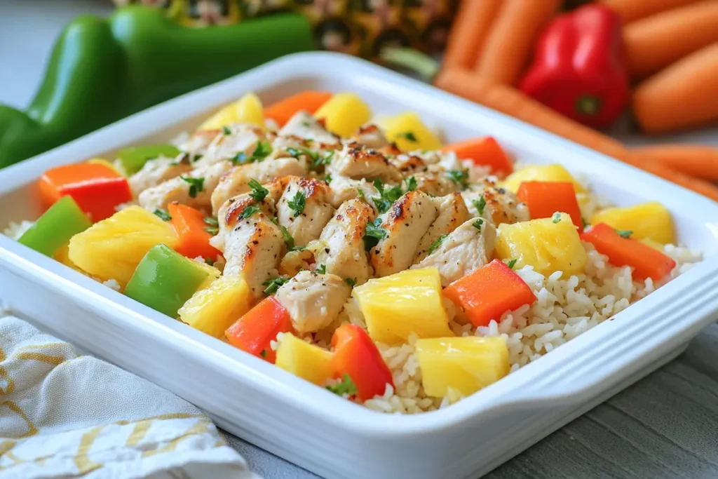 A colorful mix of vegetables and fruits with chicken and rice.