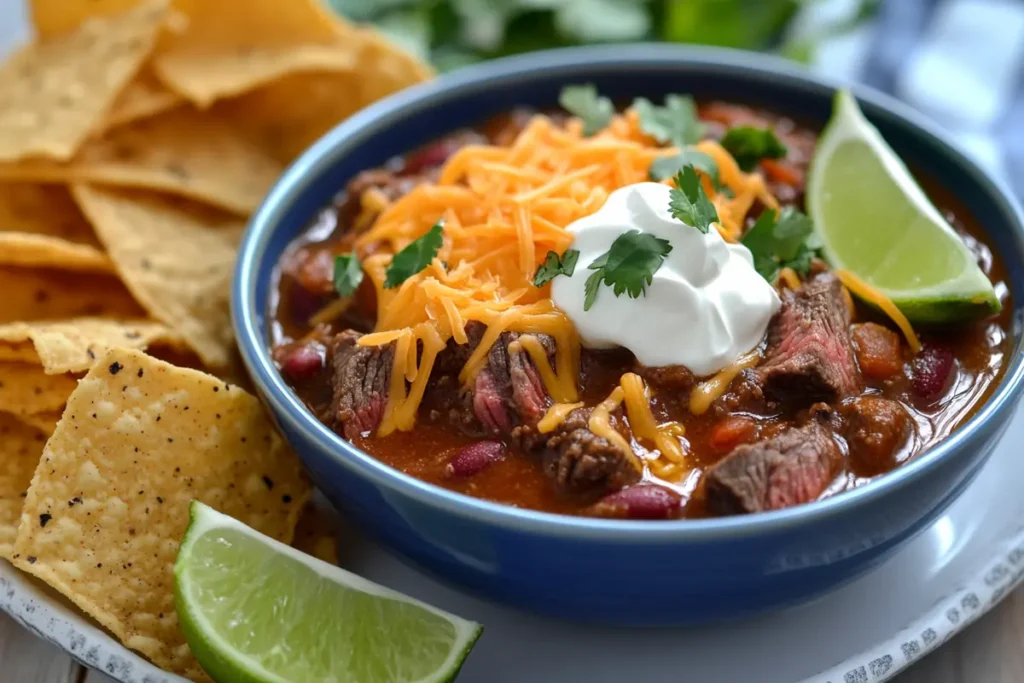 Steak and beef chili served with toppings