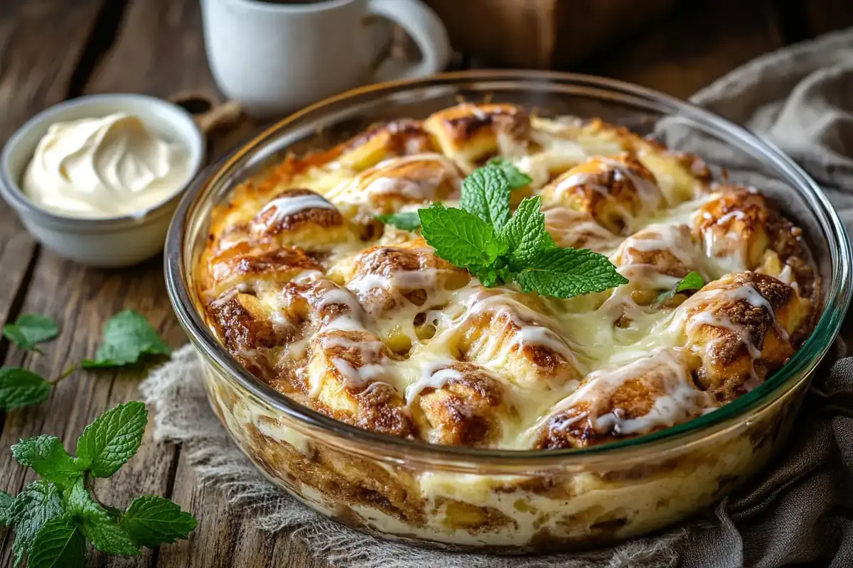 A freshly baked cinnamon roll breakfast casserole in a glass dish, topped with creamy frosting and garnished with fresh mint leaves, served on a rustic wooden table with cream and coffee in the background.