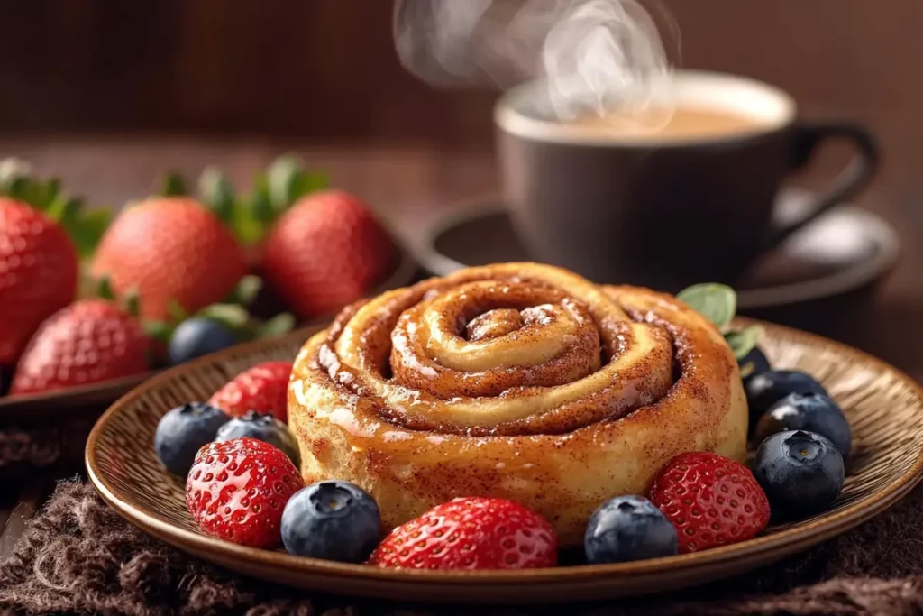 Is a cinnamon roll good for breakfast served with coffee and fruits?