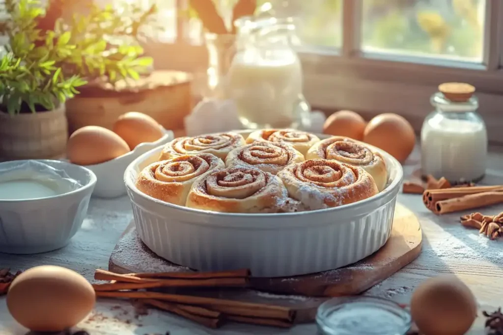 Unbaked cinnamon rolls dusted with powdered sugar in a white ceramic dish, surrounded by fresh ingredients like eggs, milk, and cinnamon sticks.