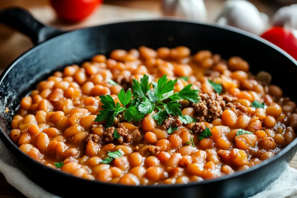 Baked beans with ground beef recipe in a skillet