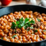 Baked beans with ground beef recipe in a skillet