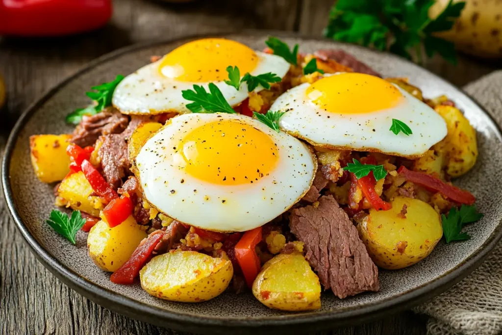 Classic canned corned beef hash recipe served on a plate.