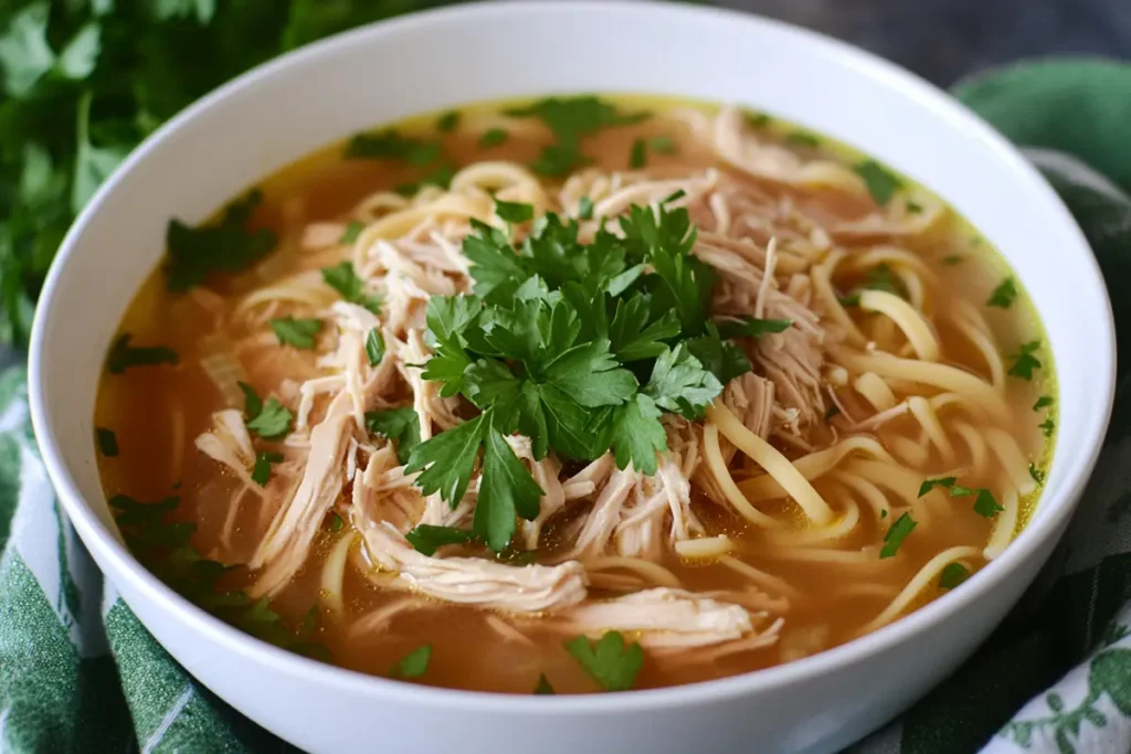 Gluten-free chicken noodle soup in a bowl.