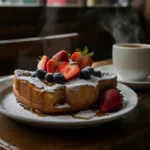 Classic sourdough French toast topped with powdered sugar, strawberries, and blueberries, served with a steaming cup of coffee on a rustic wooden table.