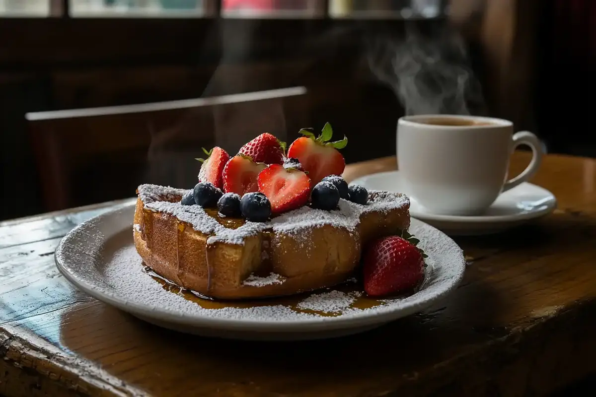 Classic sourdough French toast topped with powdered sugar, strawberries, and blueberries, served with a steaming cup of coffee on a rustic wooden table.