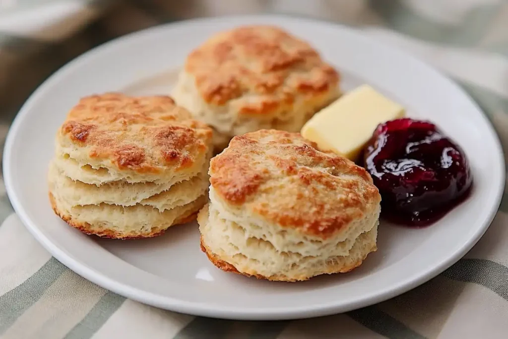 Traditional biscuits with butter and jam.