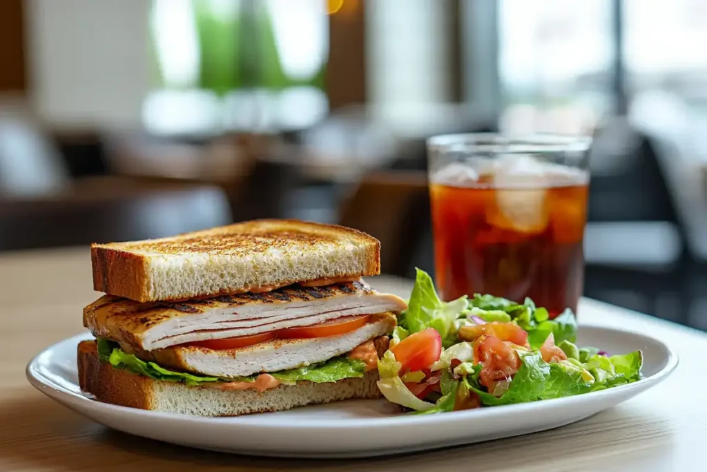 Grilled turkey sandwich served with a side of fresh garden salad and a glass of iced tea on a white plate in a cozy café setting.