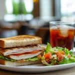 Grilled turkey sandwich served with a side of fresh garden salad and a glass of iced tea on a white plate in a cozy café setting.